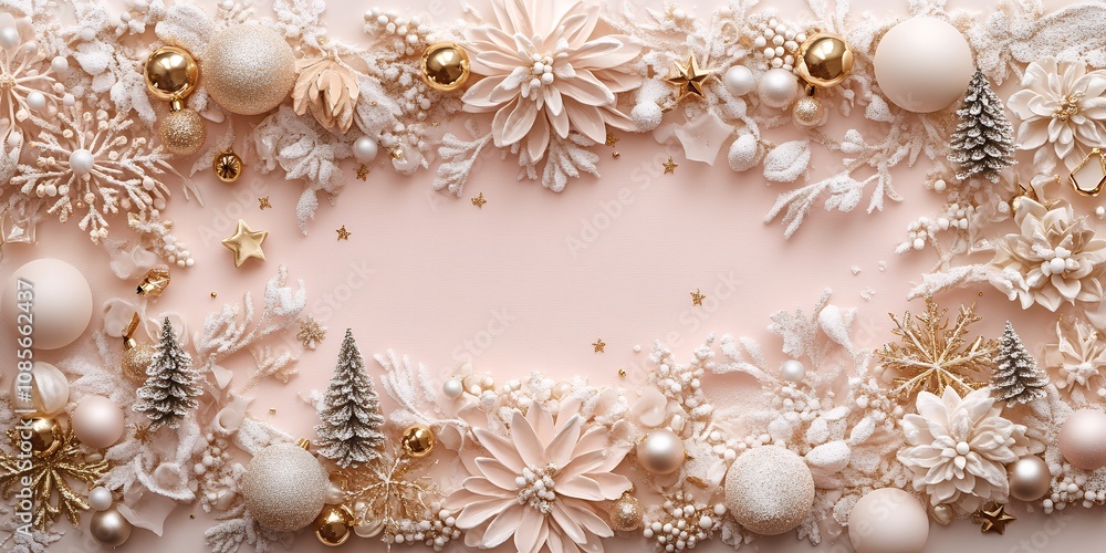 A Winter-Themed Floral Arrangement Featuring Soft Pinks, Whites, and Golds, Adorned With Ornaments and Festive Elements, Perfect for Holiday Decor A Winter-Themed Floral Arrangement Featuring Soft Pinks, Whites, and Golds, Adorned With Ornaments and Festive Elements, Perfect for Holiday Decor