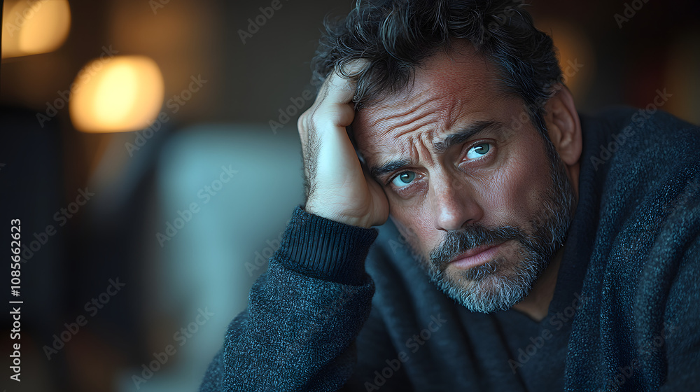 A middle-aged man sitting alone in a quiet room, holding a cup of tea, reflecting a moment of peaceful solitude and introspection, capturing the calm atmosphere of a private space, ideal for evoking f A middle-aged man sitting alone in a quiet room, holding a cup of tea, reflecting a moment of peaceful solitude and introspection, capturing the calm atmosphere of a private space, ideal for evoking f