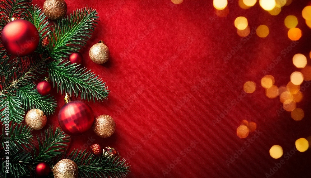 Obraz premium Christmas background with xmas tree, red ornaments and glowing golden bokeh lights on red canvas background. Merry christmas card. Winter holiday theme. Happy New Year. Space for text.