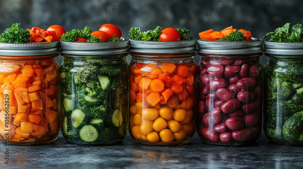 Freshly prepared jars of colorful vegetables, including carrots, broccoli, and tomatoes, showcase healthy eating and meal prep. These vibrant jars are perfect for preserving nutrients and adding Freshly prepared jars of colorful vegetables, including carrots, broccoli, and tomatoes, showcase healthy eating and meal prep. These vibrant jars are perfect for preserving nutrients and adding