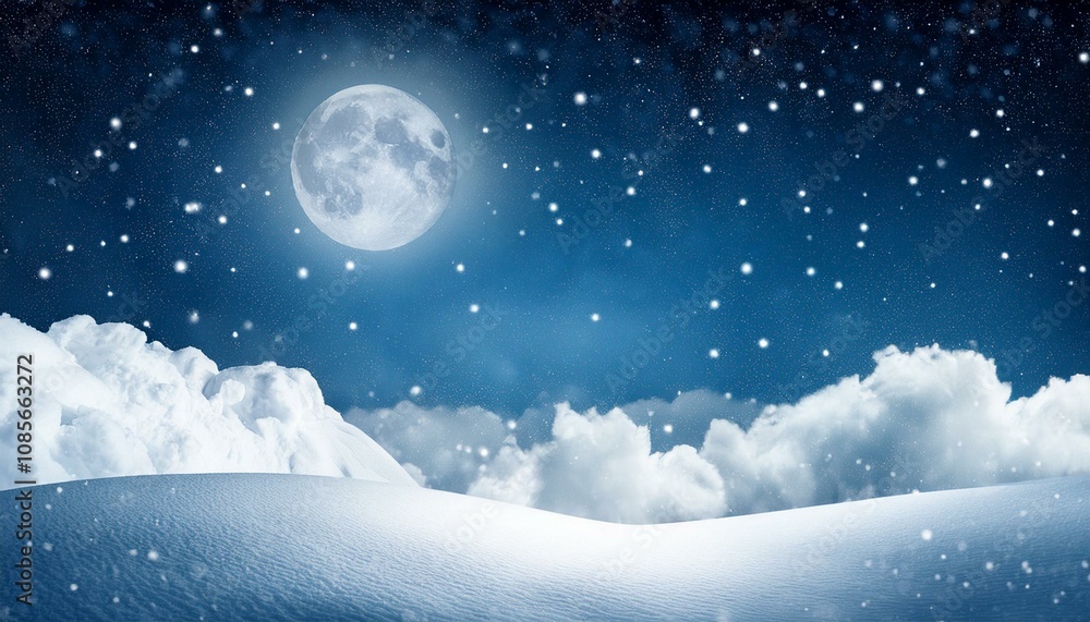 Christmas night background with clouds, moon and falling snow. Winter landscape. Vector illustration Christmas night background with clouds, moon and falling snow. Winter landscape. Vector illustration