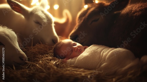 Manger scene with sleeping baby Jesus and surrounding animals