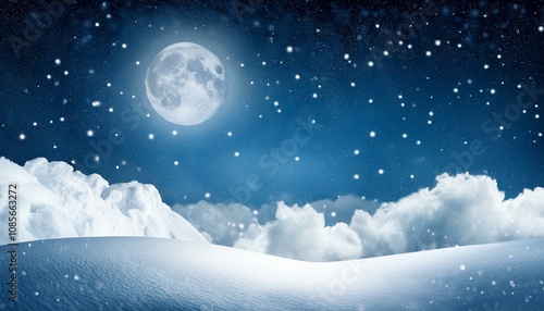 Christmas night background with clouds, moon and falling snow. Winter landscape. Vector illustration