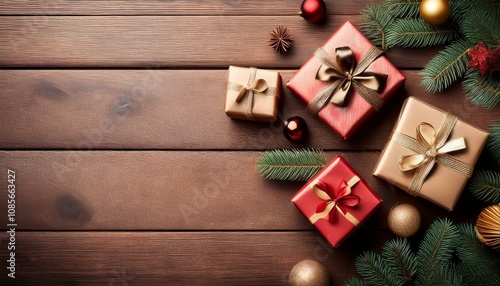 Christmas presents on wooden table top background