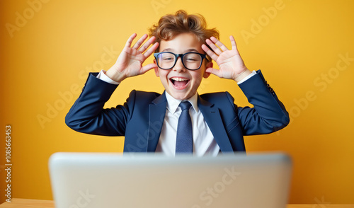 a boy sitting in front of a laptop with happiness, hands up, on a yellow background