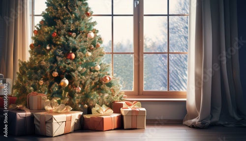 Christmas tree and gift boxes near the window