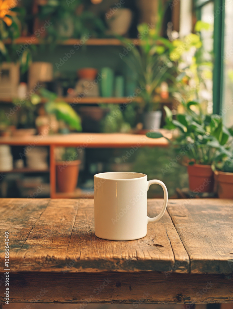 A simple white mug sits on a rustic wooden table, with a blurred backdrop of plants and shelves. The scene is warm and inviting. A simple white mug sits on a rustic wooden table, with a blurred backdrop of plants and shelves. The scene is warm and inviting.