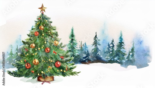 Decorated christmas tree New year Watercolor illustration Water color drawing