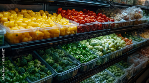 A vibrant selection of fresh vegetables is neatly arranged in a grocery store, highlighting the colors and variety of peppers and greens available