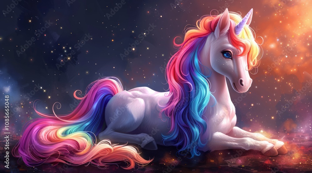 Magical rainbow unicorn resting under starry sky. Magical rainbow unicorn resting under starry sky.