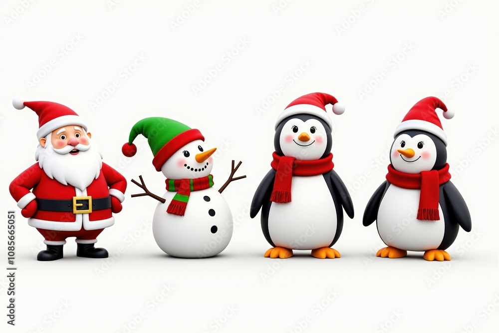 Festive holiday cheer with santa, snowman, and penguin friends in holiday hats. Festive holiday cheer with santa, snowman, and penguin friends in holiday hats.