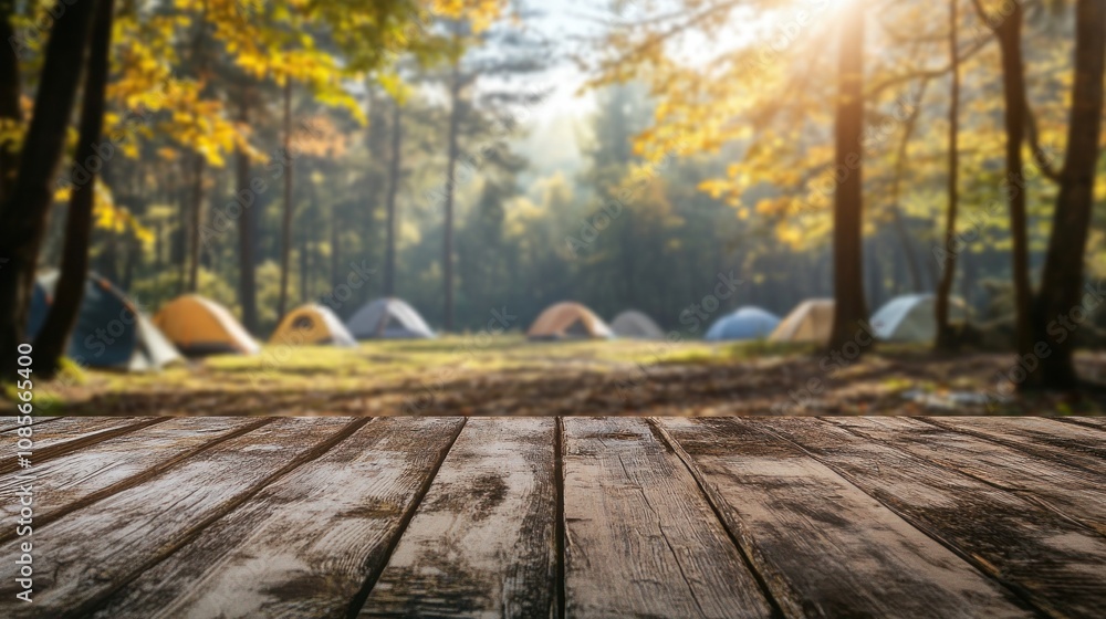 Empty table surface against camping scene with tents and forest for outdoor themes. Empty table surface against camping scene with tents and forest for outdoor themes.