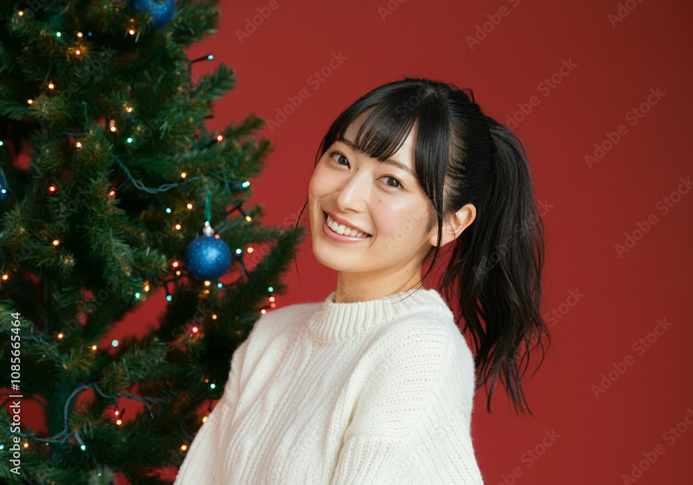 笑顔の女性とクリスマスツリー 笑顔の女性とクリスマスツリー