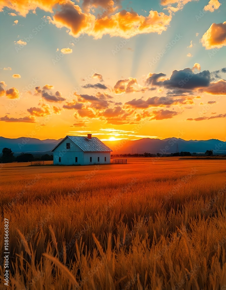 watercolor painting of scenic sun with farmhouse in the field watercolor painting of scenic sun with farmhouse in the field