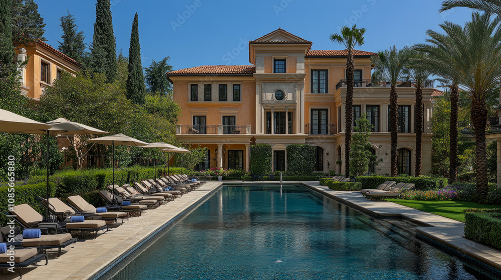 A stunning villa features a pristine pool lined with lounge chairs and palm trees, set against a backdrop of vibrant gardens under a clear blue sky A stunning villa features a pristine pool lined with lounge chairs and palm trees, set against a backdrop of vibrant gardens under a clear blue sky