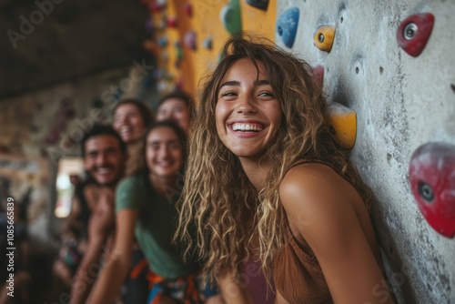 Happy Climbers at Indoor Climbing Gym  Friends Smiling  Teamwork  Fitness  Active Lifestyl