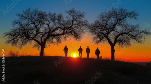 As the sun sets, four figures create striking silhouettes near two trees, capturing a serene moment in the golden evening light