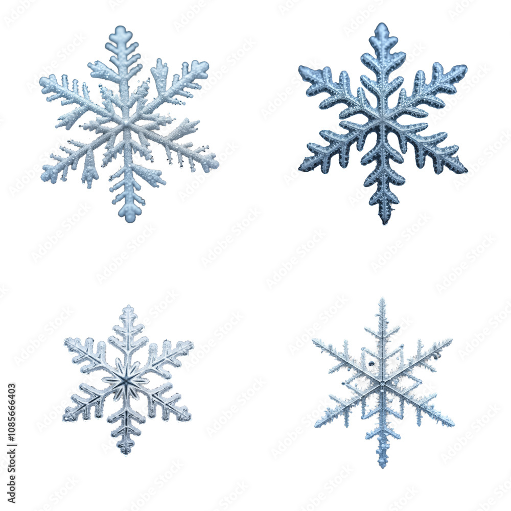 Frozen snowflake macro photo set. Four unique snowflakes on isolated background. Detailed close-up view of ice crystal patterns. Winter wonderland theme. Beautiful ice structures. Perfect for seasonal Frozen snowflake macro photo set. Four unique snowflakes on isolated background. Detailed close-up view of ice crystal patterns. Winter wonderland theme. Beautiful ice structures. Perfect for seasonal