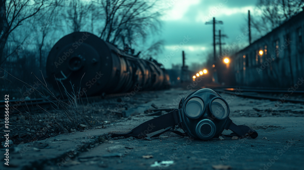 ai generated picture of chernobyl aftermath disaster: gas mask lying on the ground near to abandoned train station ai generated picture of chernobyl aftermath disaster: gas mask lying on the ground near to abandoned train station