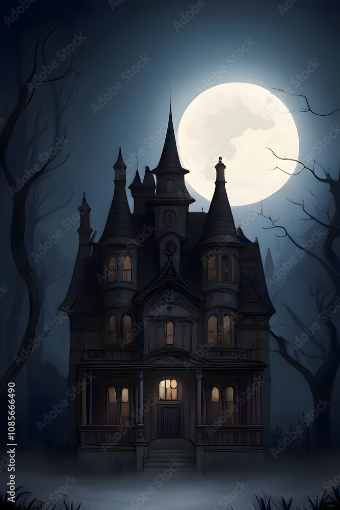 Dark mansion under full moon, bare trees. Suitable for Halloween, horror, or spookythemed designs, book covers, and graphic projects Dark mansion under full moon, bare trees. Suitable for Halloween, horror, or spookythemed designs, book covers, and graphic projects