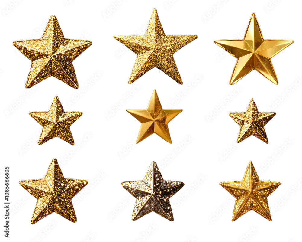 Set of gold stars with different sizes and shapes. on Isolated transparent background Set of gold stars with different sizes and shapes. on Isolated transparent background
