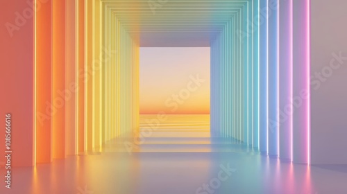 A forwardmoving neon pulse traveling through a sleek, hightech corridor, illuminating smooth metallic walls with vibrant colors photo