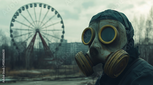 ai generated picture of chernobyl ukraine nuclear disaster aftermath: man with gas mask in radioactive suit standing in lost place ghost town with ferris wheel in background photo