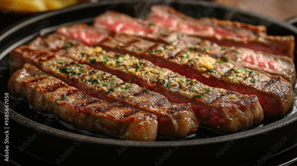 Delicious and juicy steak cooked to perfection, showcasing beautiful sear and tender pink center, garnished with herbs for added flavor Delicious and juicy steak cooked to perfection, showcasing beautiful sear and tender pink center, garnished with herbs for added flavor