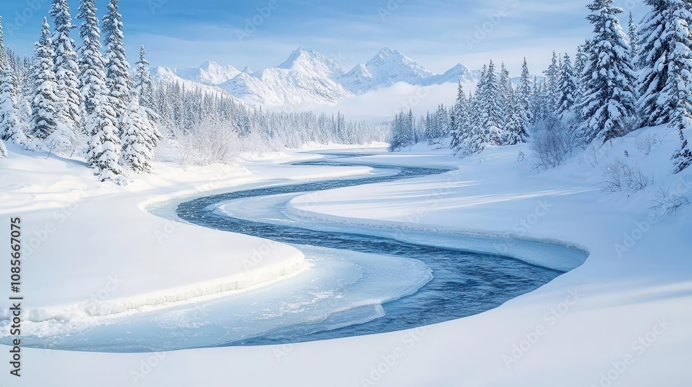 A snowy landscape with a frozen river and its tributaries winding toward a frozen lake destination, surrounded by snowcovered trees, calm and serene A snowy landscape with a frozen river and its tributaries winding toward a frozen lake destination, surrounded by snowcovered trees, calm and serene