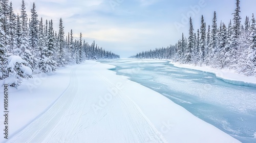 A snowy landscape with a frozen river and its tributaries winding toward a frozen lake destination, surrounded by snowcovered trees, calm and serene