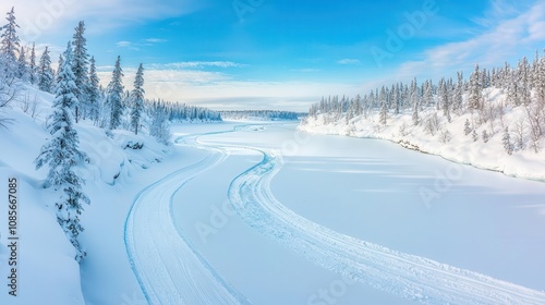 A snowy landscape with a frozen river and its tributaries winding toward a frozen lake destination, surrounded by snowcovered trees, calm and serene