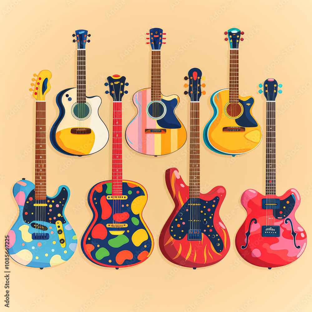 Naklejka premium A row of colorful guitars are displayed in a row. The guitars are of different sizes and colors, with some being more vibrant than others. Scene is cheerful and lively