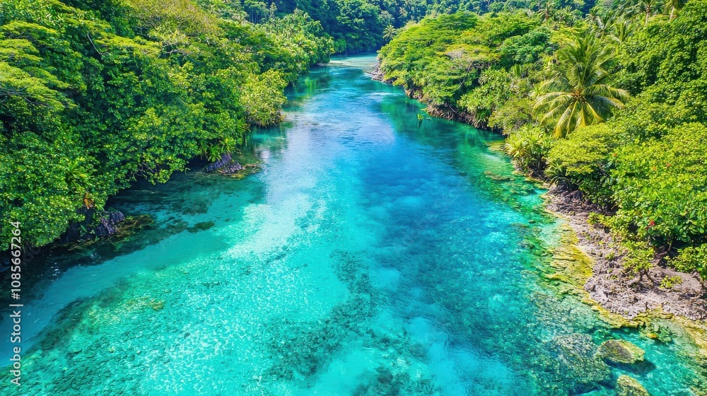 A tropical paradise where a river and its tributaries flow toward a hidden lagoon destination, surrounded by lush greenery, vibrant and inviting A tropical paradise where a river and its tributaries flow toward a hidden lagoon destination, surrounded by lush greenery, vibrant and inviting