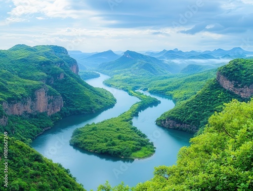 A vast river winding through a mountain range, with several tributaries merging into it, flowing toward a distant, misty valley, creating a sense of journey and wonder