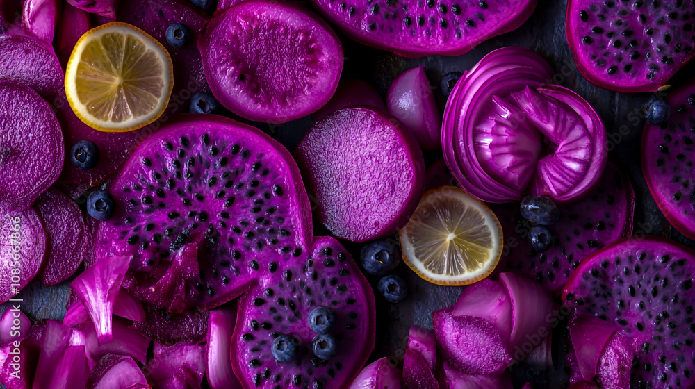A vibrant and colorful display of purple vegetables, including red onion slices, dragon fruit slices A vibrant and colorful display of purple vegetables, including red onion slices, dragon fruit slices