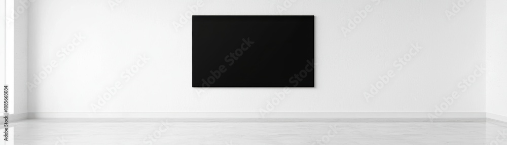Blackframed blank poster on a pristine white wall and reflective floor, perfect for creative mockups or advertising content Blackframed blank poster on a pristine white wall and reflective floor, perfect for creative mockups or advertising content