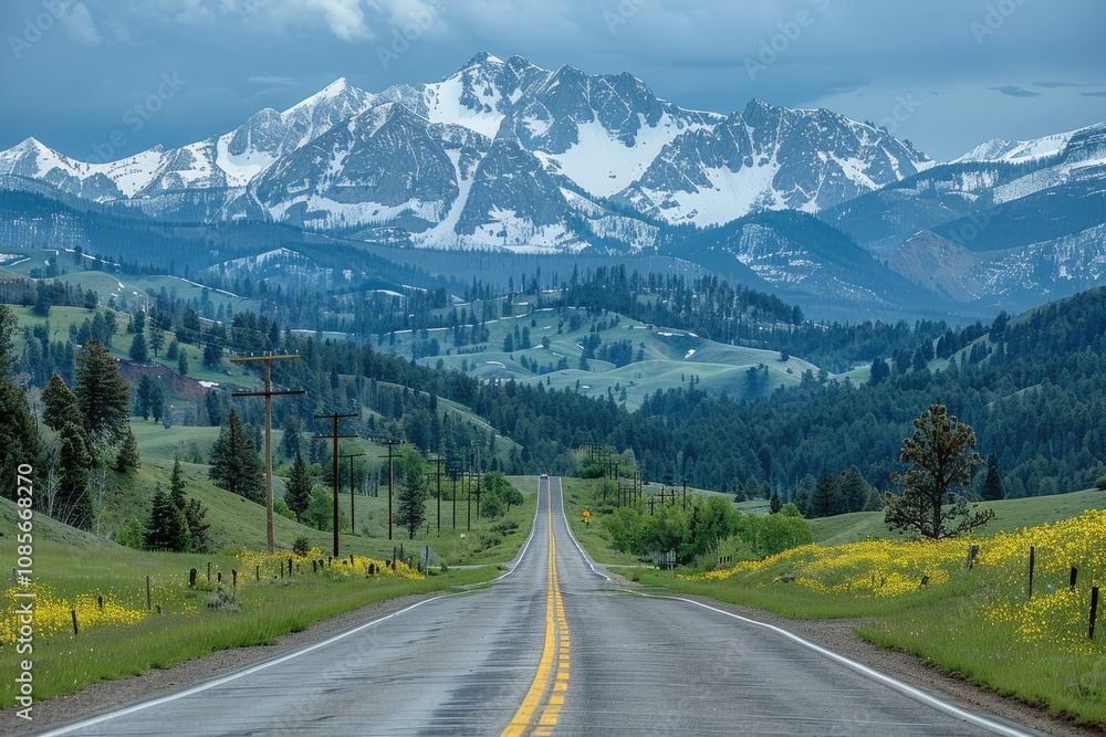 Winding Road Leading Towards a Snow-Capped Mountain Range Winding Road Leading Towards a Snow-Capped Mountain Range