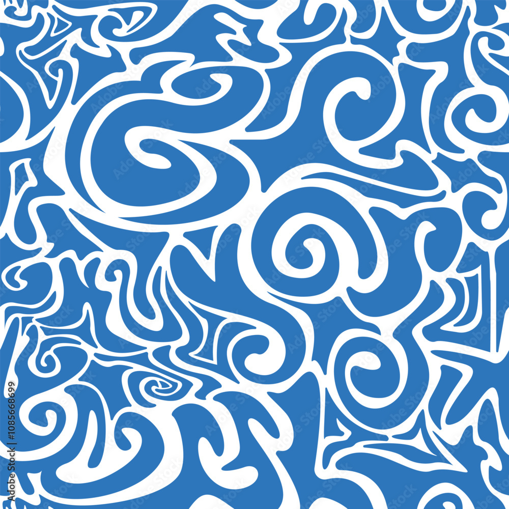 Fototapeta premium Seamless pattern with abstract silhouette organic blue shapes. Flat background minimalist boho style. Wavy liquid distorted shapes vector ilustration