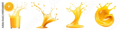 Yellow juice splashes and droplets isolate on transparent background