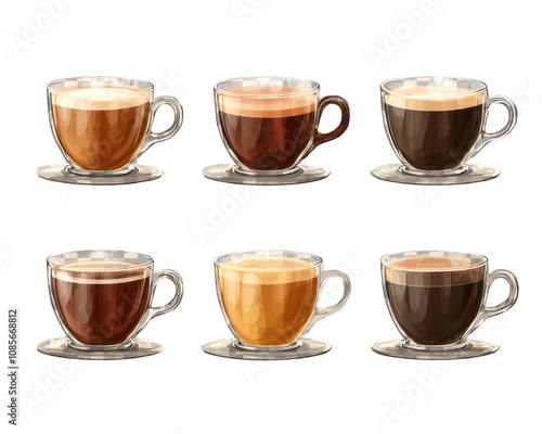 Set of six coffee cups with different colors and sizes. on Isolated transparent background