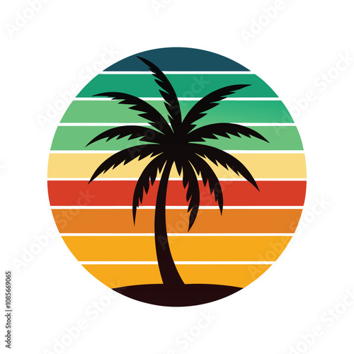 Tropical Island Vector - Vintage Silhouette Design with Palm Trees, Sun & Ocean for Retro Paradise Art & Decor photo