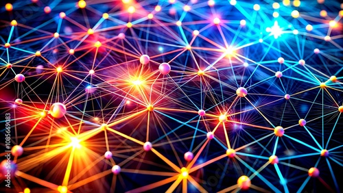 Close-up of Glowing Network Nodes Forming a Web, Showcasing the Intersection of Technology and Fashion in a Modern Aesthetic with Vibrant Colors and Dynamic Lighting