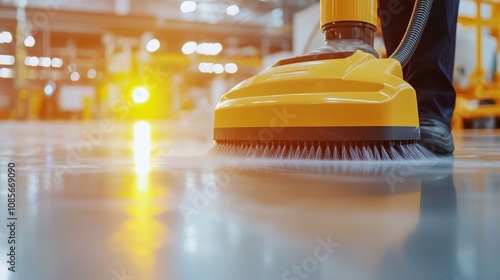 Focused cleaning scene industrial vacuum steaming floor with reflections and moody lighting showcasing hightech cleaning solutions
