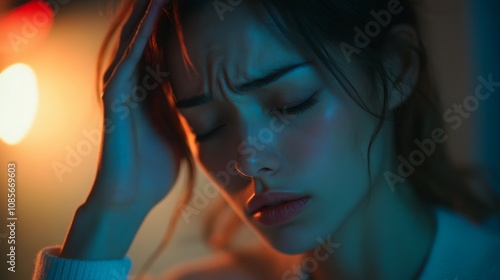 Young woman is suffering from a headache against a dark background.