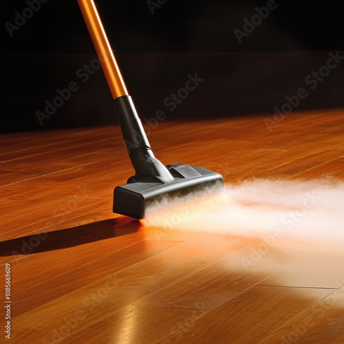 Industrialgrade vacuum on shiny wood floor releasing visible steam modern cleaning equipment dynamic commercial cleaning setup photo