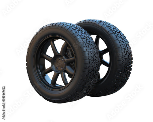 Two black tires are shown on a white background. on Isolated transparent background