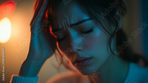 A woman with a headache touches the area where the pain is with her hand. his face contorted in pain. Shot with soft studio lighting, 30mm lens and stock photo style. photo