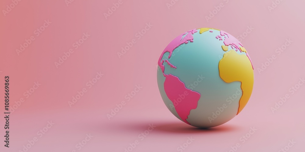 Colorful Globe with Pink and Yellow Continents on a Soft Pastel Background, Representing Global Unity and Diversity in a Fun and Artistic Style Colorful Globe with Pink and Yellow Continents on a Soft Pastel Background, Representing Global Unity and Diversity in a Fun and Artistic Style