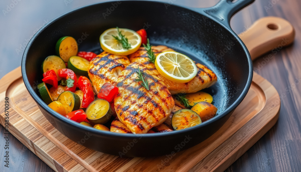 Close-Up of Grilled Chicken Breast and Roasted Vegetables in Cast Iron Skillet on Cutting Board Close-Up of Grilled Chicken Breast and Roasted Vegetables in Cast Iron Skillet on Cutting Board