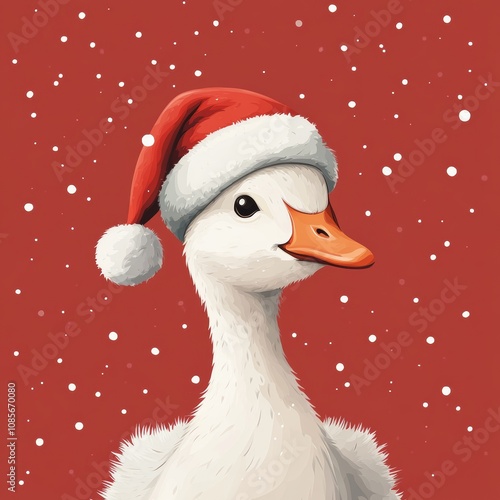Goose wearing Christmas hat cute illustration on red background. Minimalist festive farm animal for print products and t-shirts.